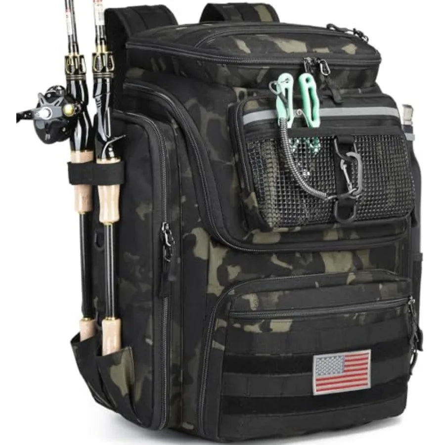 Fishing Backpack 45L with Rod Holders, Water-Resistant Tackle Backpack for Fishermen, Large Capacity Fishing Gear Bag for Trave