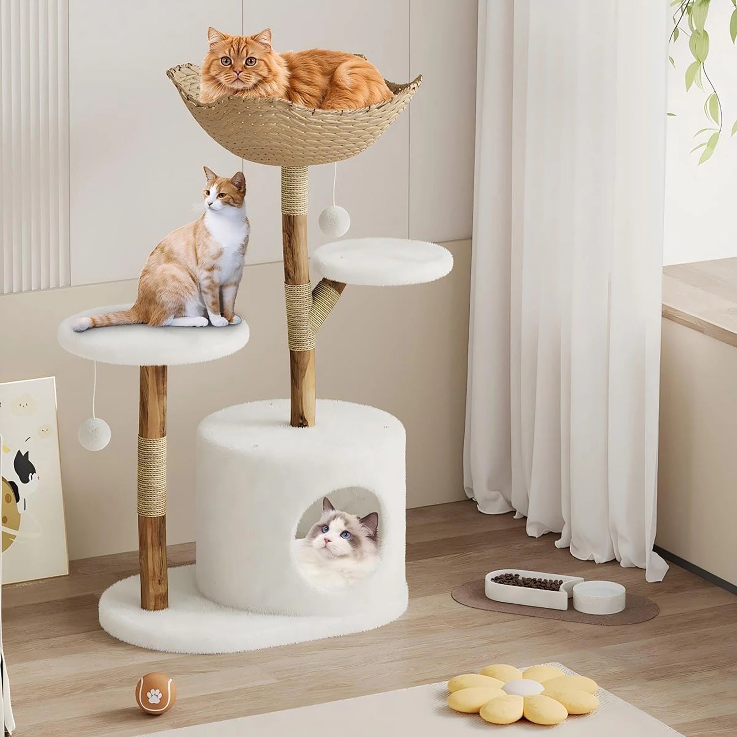Real Wood Modern Cat Tree Tower With Wicker Condo Scratching Post Bed Boho Luxury Pet Furniture Indoor Cats Space-Saving
