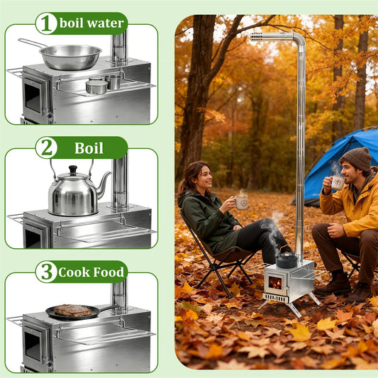 Hot Tent Stove: Stainless Steel Wood Burning Stove Portable Wood Stove w/ Chimney Pipes for Outdoor Heating & Cooking, Hot Tent Stove for Camping