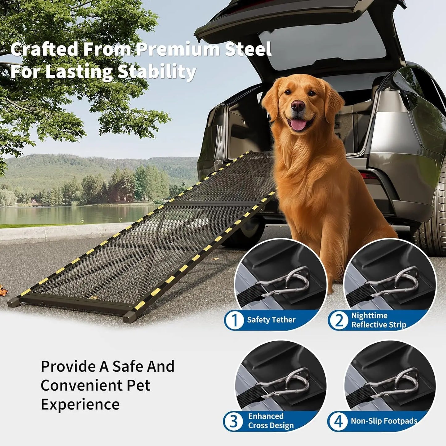 Dog Ramp for Pets - Collapsible & Portable Steel Pet Ramp, Incline Access Ramp for Car SUV/Truck/RV/Bed, Lightweight Ramps with Non-Slip Mesh Up to 300LBS, Black