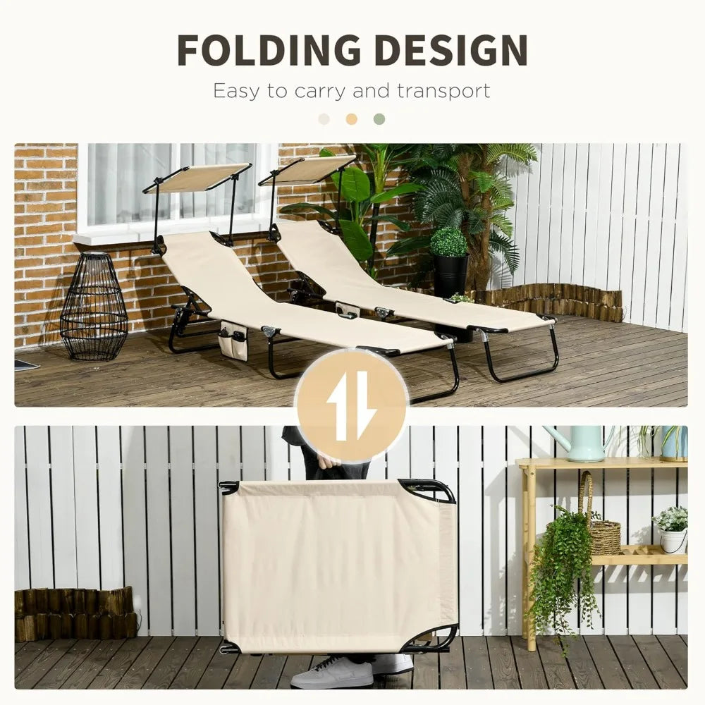 Folding Chaise Lounge Pool Lounge Chairs Set of 2, Outdoor Sun Tanning Chairs with Canopy Shade, Reclining Back, Customized