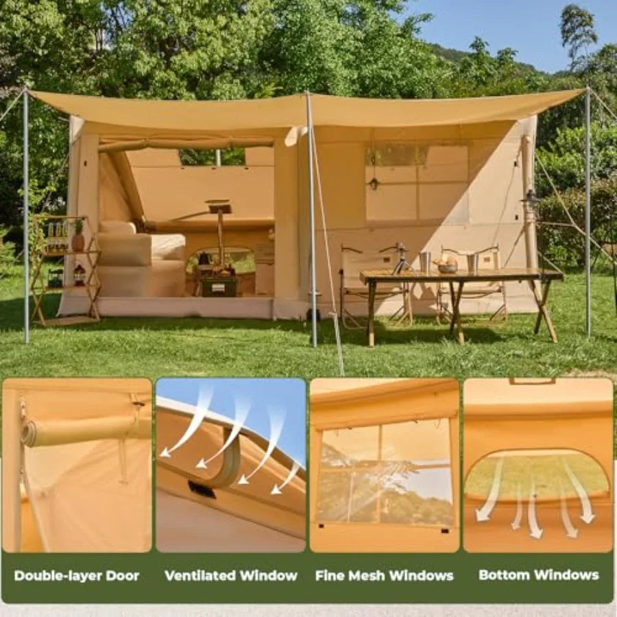 Inflatable Camping Tent, 8-10 Person Large Family Glamping Tent with Pump, Easy Setup Blow Up Tent with Stove Jack, Mesh Windows
