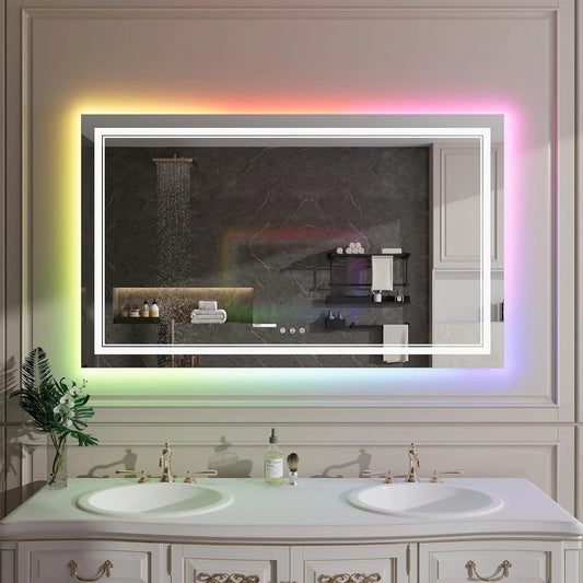 Led Bathroom Mirror With Rgb Function Double Lights, Anti-Fog Wall Bathroom Mirror Vanity Mirror With Memory Function