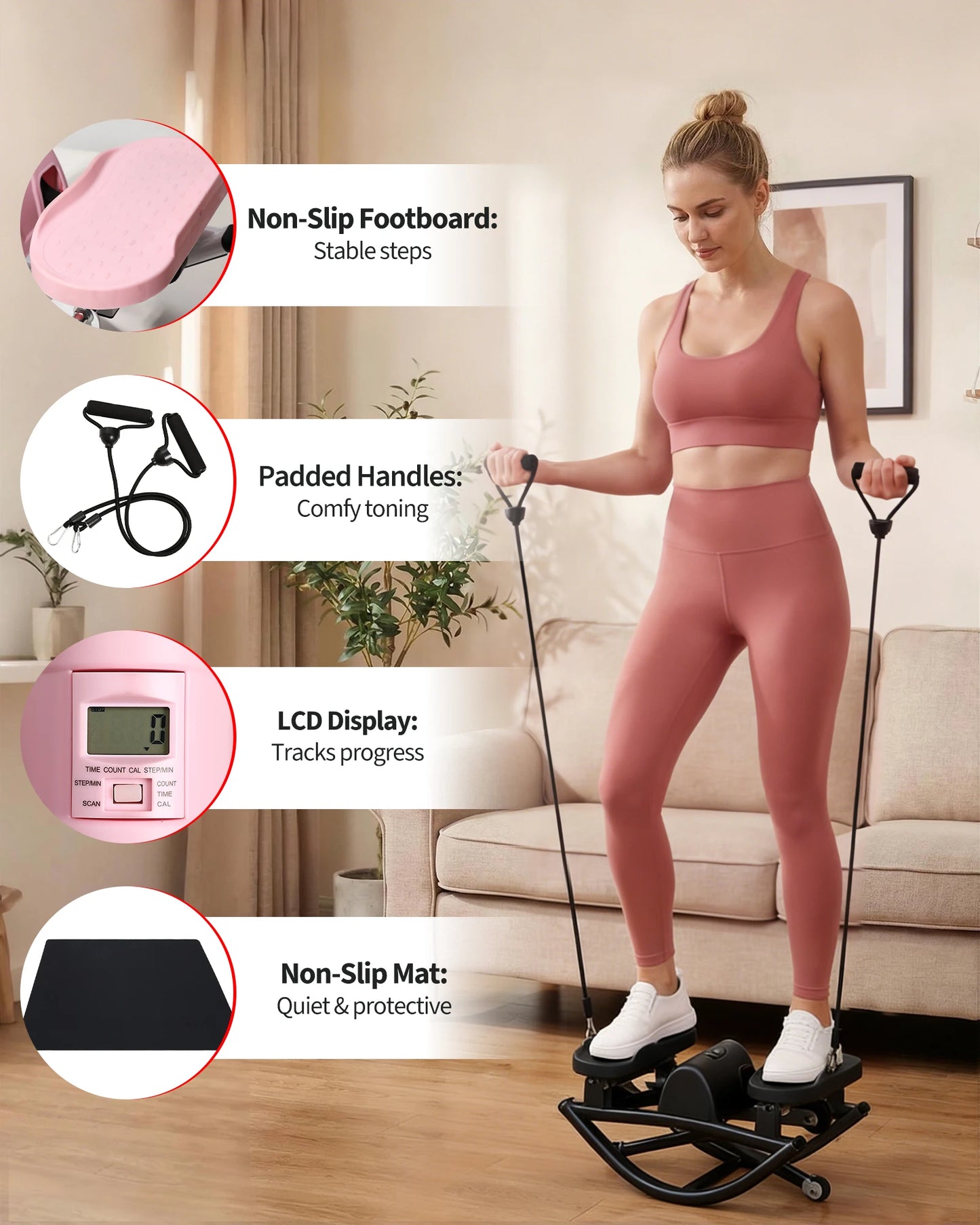 Mini Stair Stepper For Home Workout 350LBS Heavy Duty 3D Rock Stepper With Resistance Bands LCD Monitor Non-Slip Mat Full Body