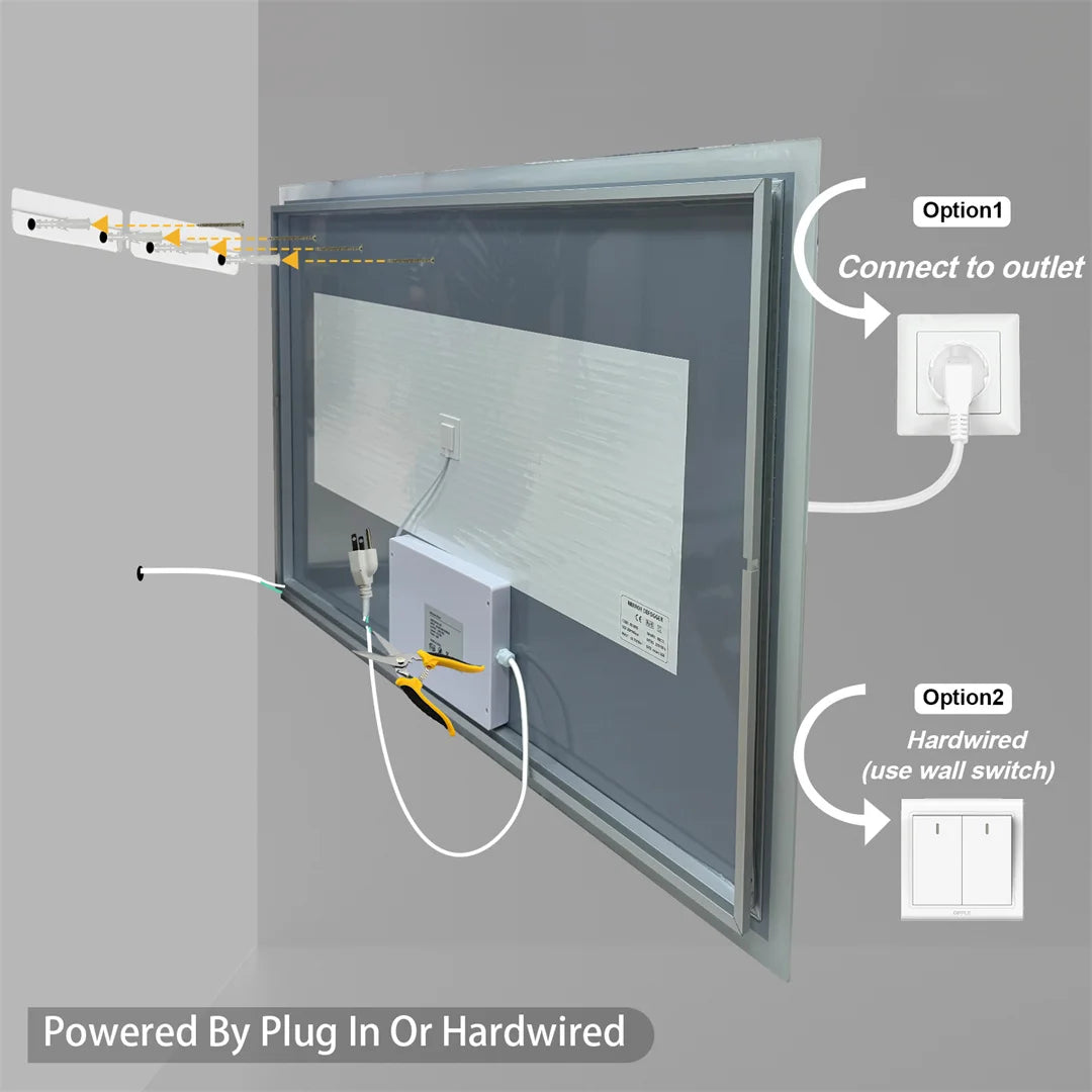 LED Rectangular Wall Mount Smart Bathroom Vanity Mirror Tempered Glass with 3 Color Temperature Options And Defog Feature for Makeup