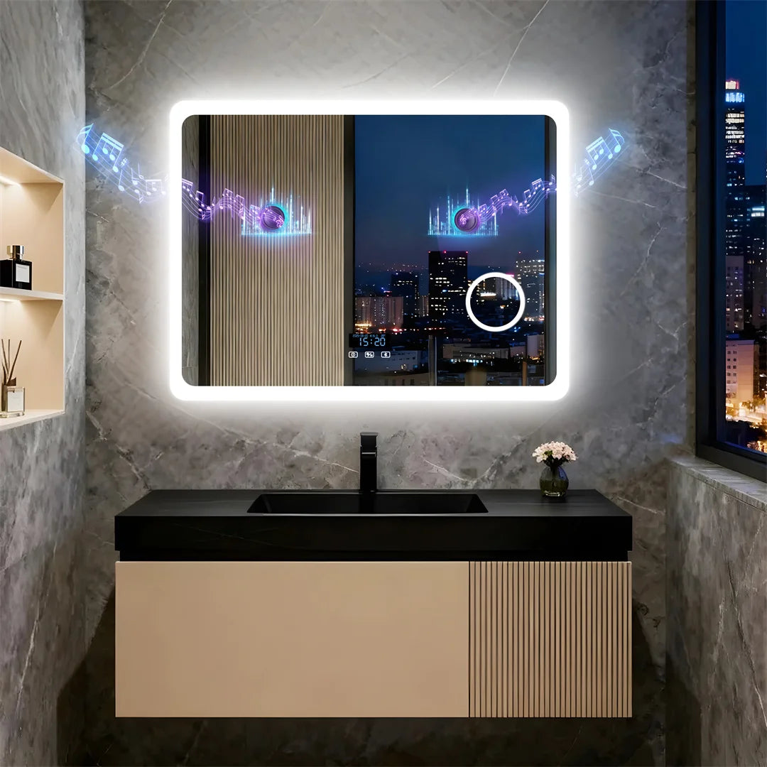 Bluetooth LED Bathroom Mirror 120x70cm Rectangle 3X Magnifying Tempered Glass Makeup Dressing Mirror with Time Display