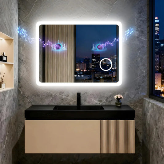 Bluetooth LED Bathroom Mirror 120x70cm Rectangle 3X Magnifying Tempered Glass Makeup Dressing Mirror with Time Display