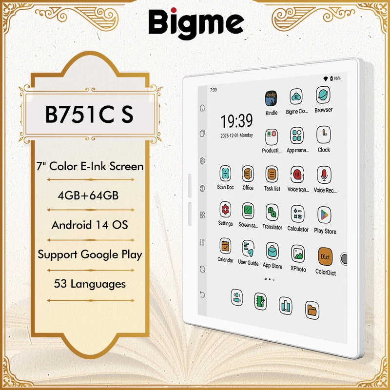 Bigme B751C S Color E-ink E-Reader, 7'' Eye-Comfort 36-Level Front Light Electronic Book, 4+64GB, Android 14, Paper-Like eBook