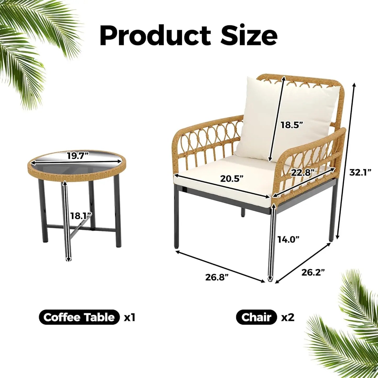 3-Piece All-Weather Wicker Rattan Bistro Patio Furniture Set with Glass Table and Thick Cushions, Beige - Ideal for, Customized