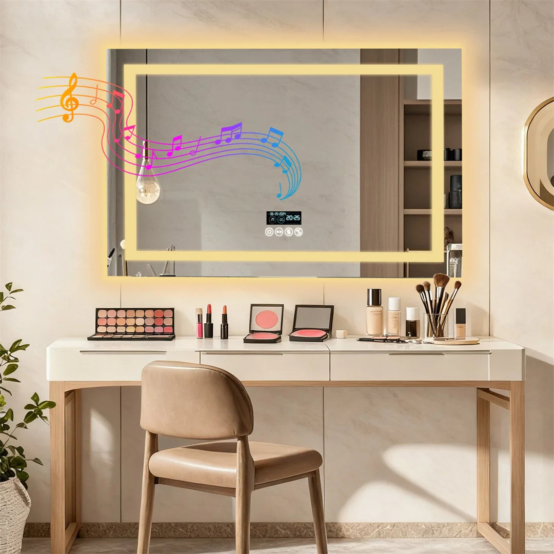 Rectangle Bluetooth Lighted Bathroom Mirror, Illuminated Smart Vanity Mirror with NdFeB Speaker and Time Temperature Display
