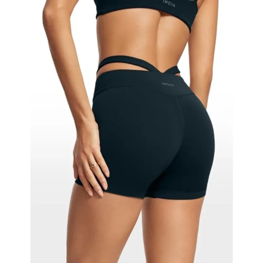 INGIA Womens Biker Shorts 4 Inch High Waisted No Front Seam Hollow Belt Running Workout Yoga Shorts
