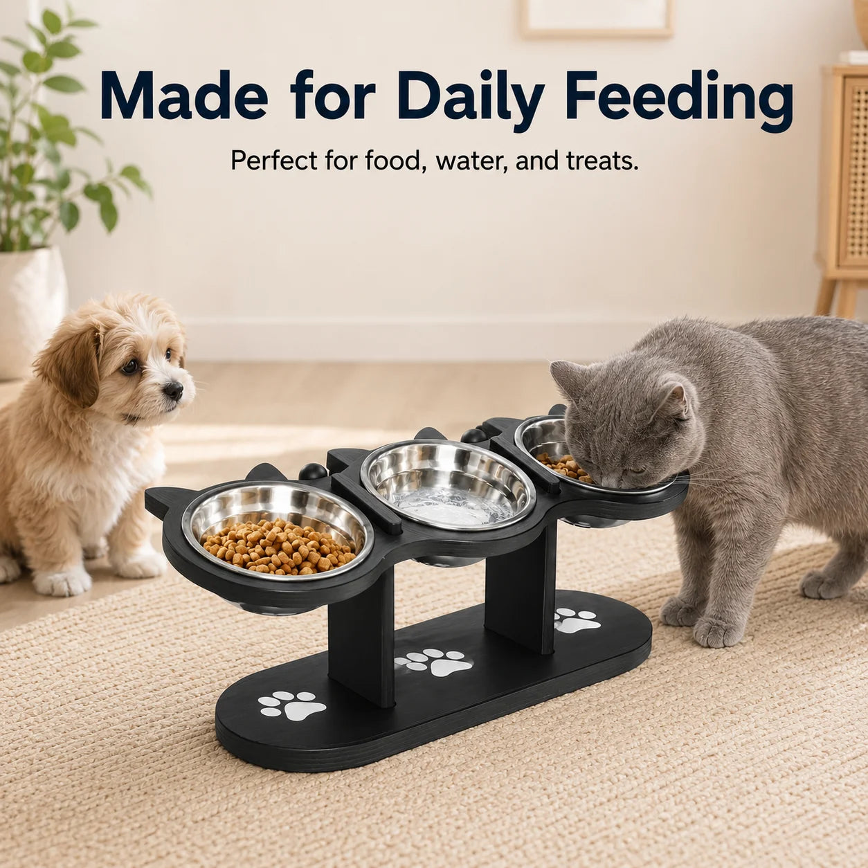 15° Tilted Elevated Cat Bowl Stand with 3 Stainless Steel Bowls for Cats, Puppies and Small Pets, Detachable, Easy to Clean