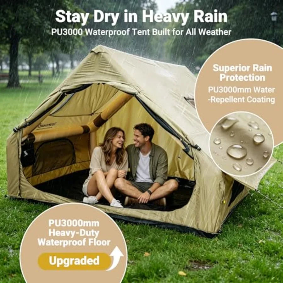 Glamping camping tent for 2-10 persons, heavy-duty waterproof windproof Oxford fabric, beige, quick 5-min setup with pump, pano