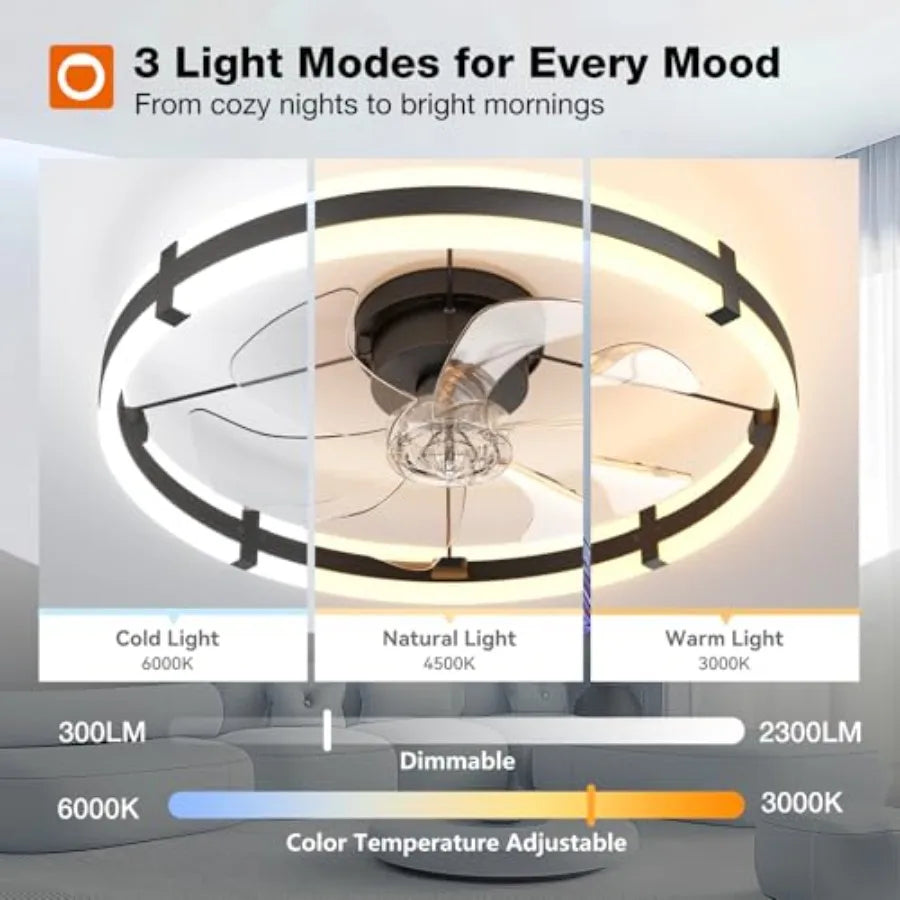 24'' ceiling fan with light for bedroom, kitchen, living room; black metal; dimmable 3000-6000K LED; low-profile flush mount, m