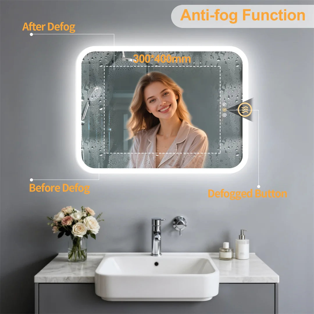 LUVODI 60x80cm Rectangle Smart LED Bathroom Mirror with Bluetooth Speaker - Anti Fog Illuminated Vanity Makeup Mirror Dimmable 3 Colors Wall LED Backlight