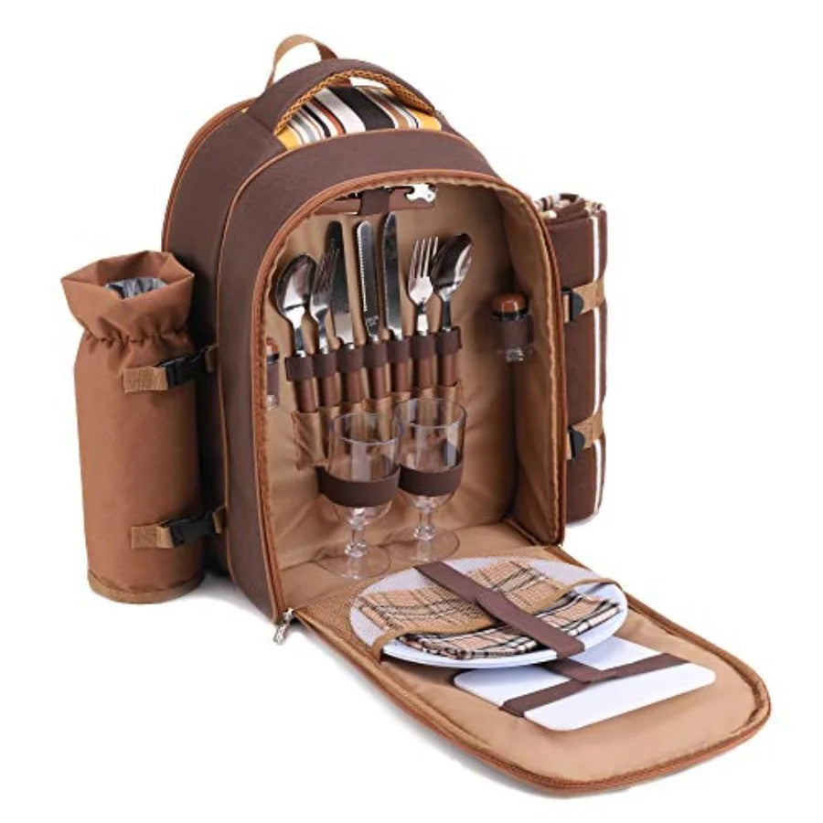 Picnic Backpack Bag for with Cooler Compartment, Detachable Bottle/Wine Holder, Fleece Blanket, Plates and Cutlery