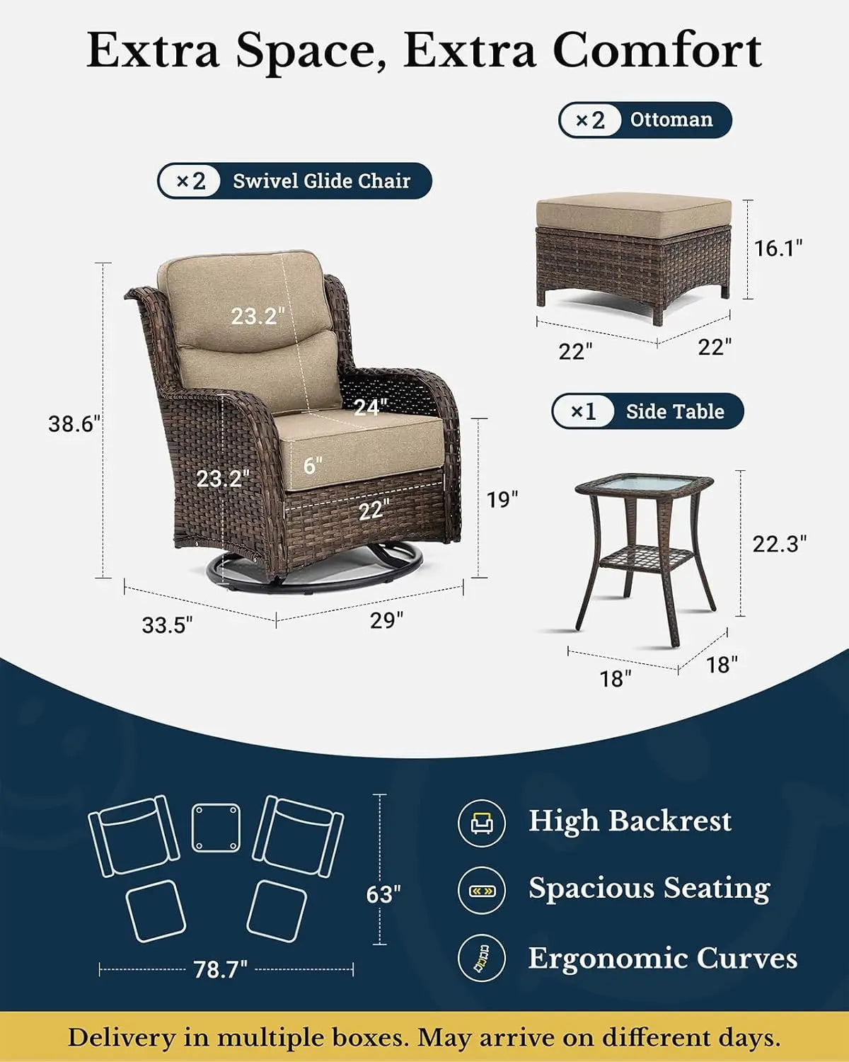 Luxury Patio Furniture Set with 6-inch Thick Cushion, Outdoor High Back Swivel Rocker Patio Chairs, 5PCS Wicker, Customized