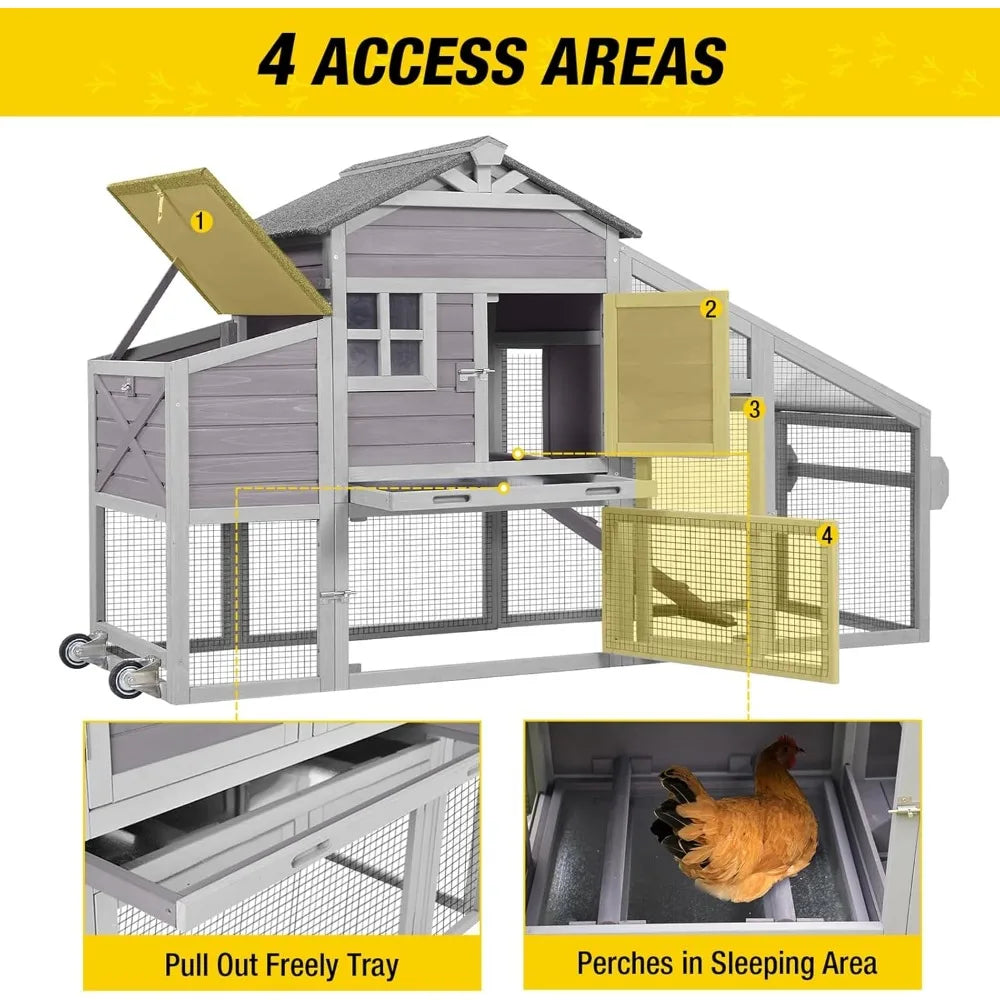 Chicken Coop Mobile Chicken Coop with Large Chicken Coop, Expandable Outdoor Wooden Poultry Cage with Wheels
