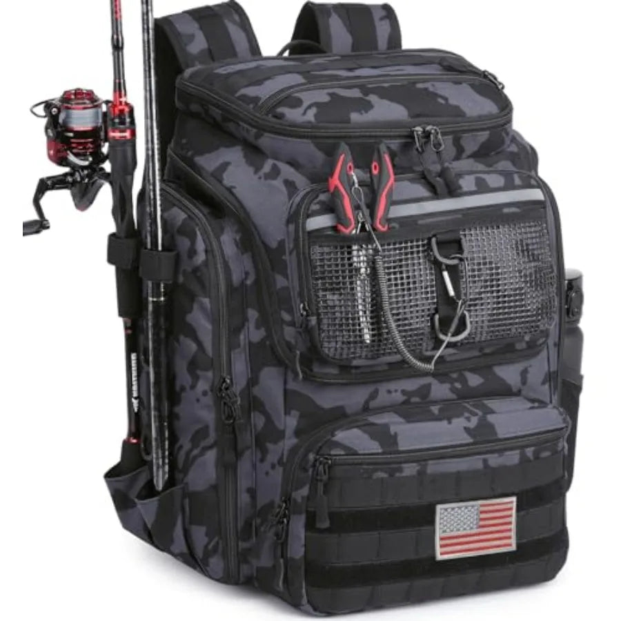 Fishing Backpack 45L with Rod Holders, Water-Resistant Tackle Backpack for Fishermen, Large Capacity Fishing Gear Bag for Trave