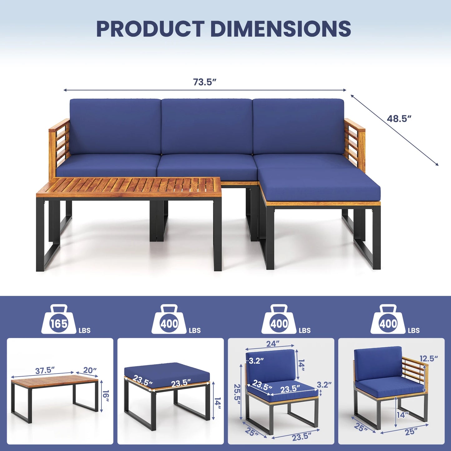 5 Piece Patio Chair Set, Acacia Wood Chair Set with Ottoman & Coffee Table