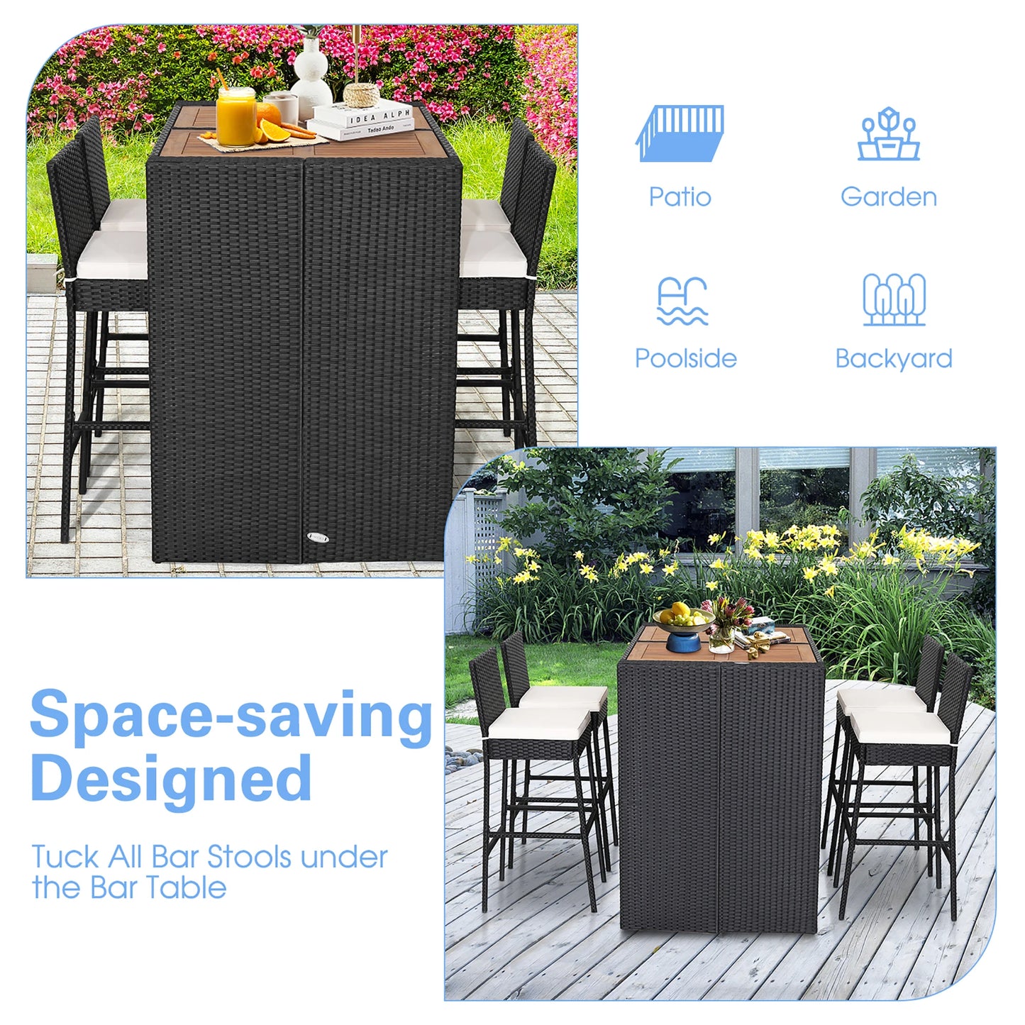 5-Piece Patio PE Wicker Bar Set Outdoor Acacia Wood Dining Table Stool Bistro