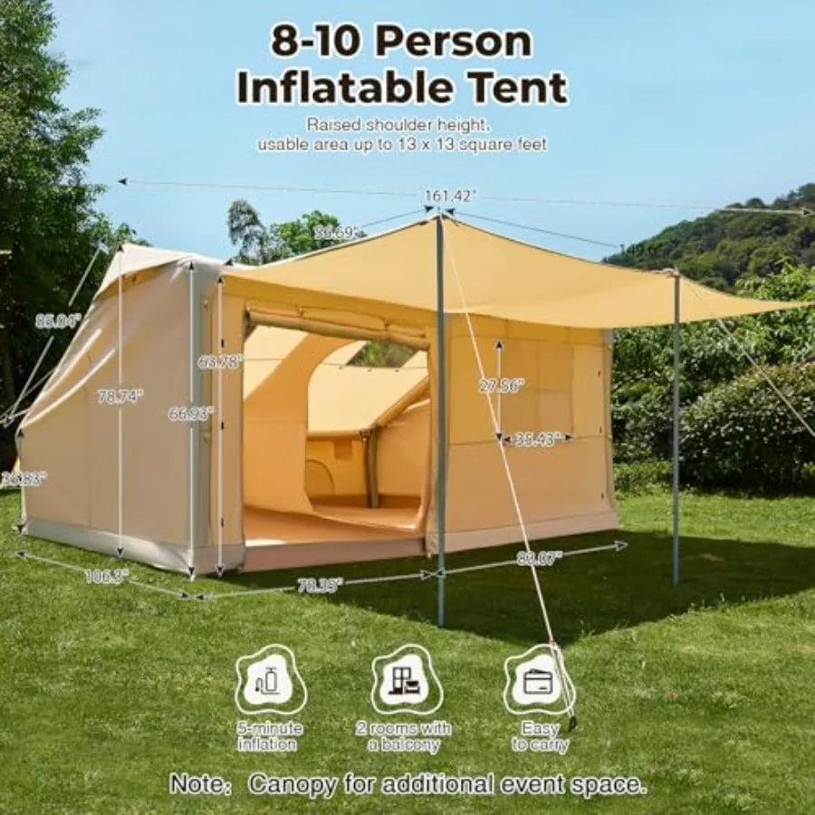 Inflatable Camping Tent, 8-10 Person Large Family Glamping Tent with Pump, Easy Setup Blow Up Tent with Stove Jack, Mesh Windows