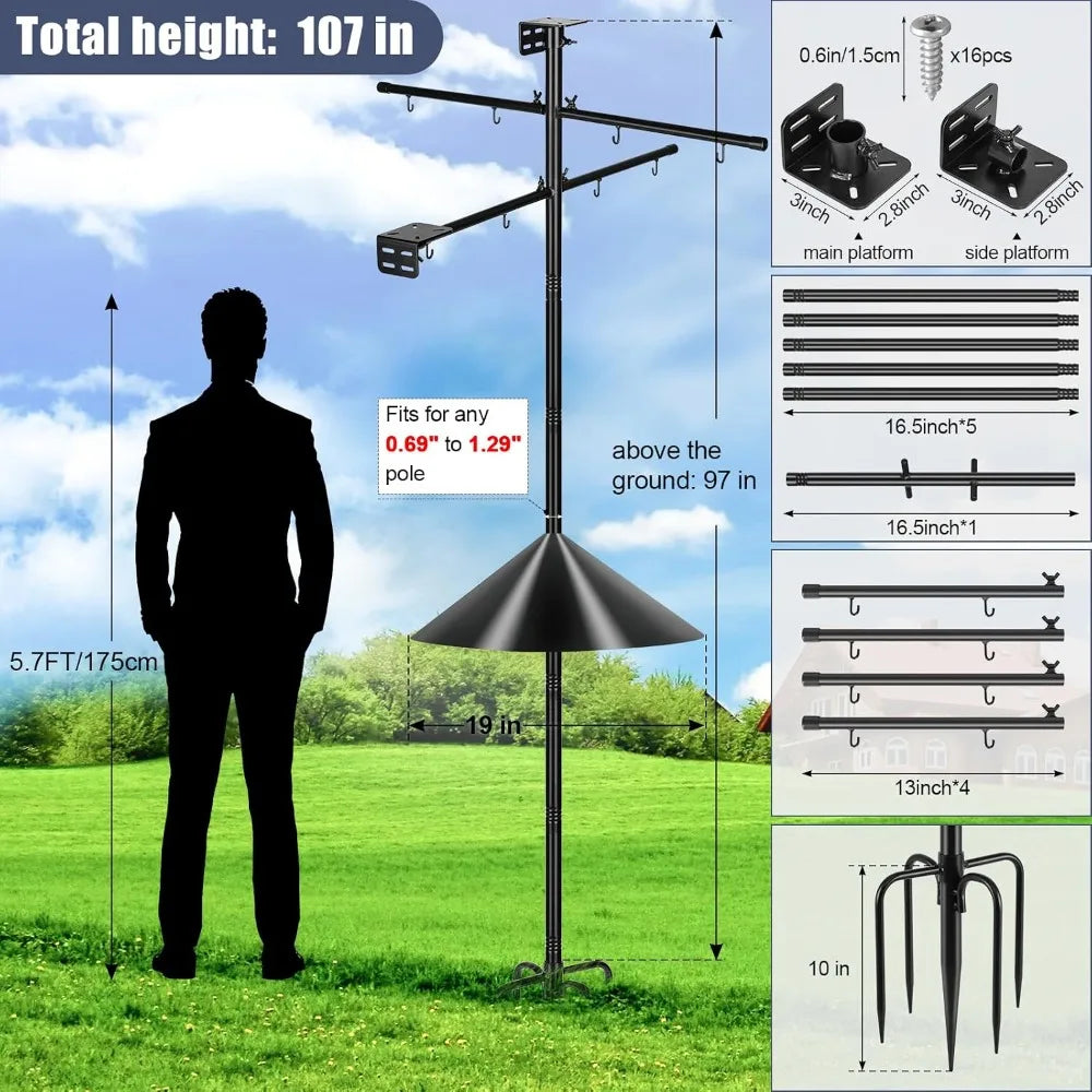 107 Inch Bird Feeder Pole with 2 Platforms and 8 Hooks, Squirrel Proof, Heavy Duty Mounting Pole for Outdoors