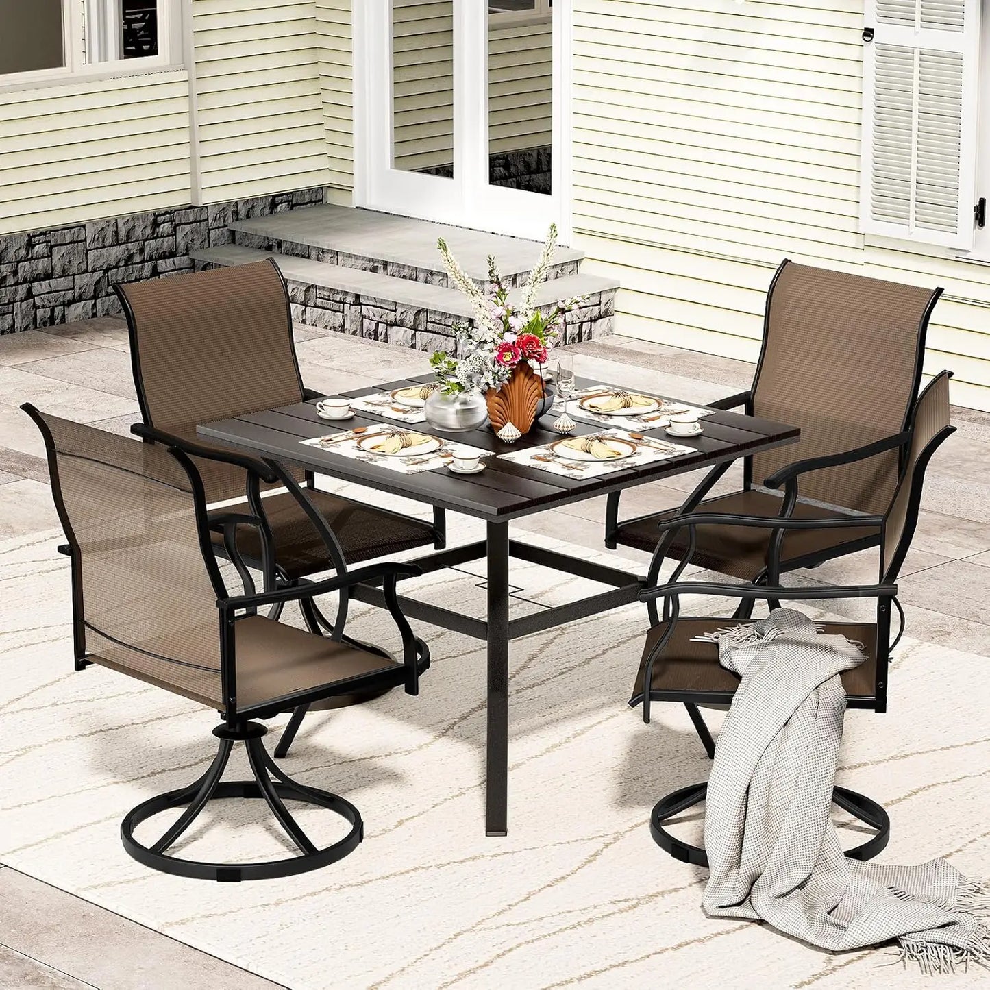 5 Piece Outdoor Patio Dining Set with 4 Swivel Dining Chairs & 1 Large Round Dining Table,Bistro Furniture Set for, Customized