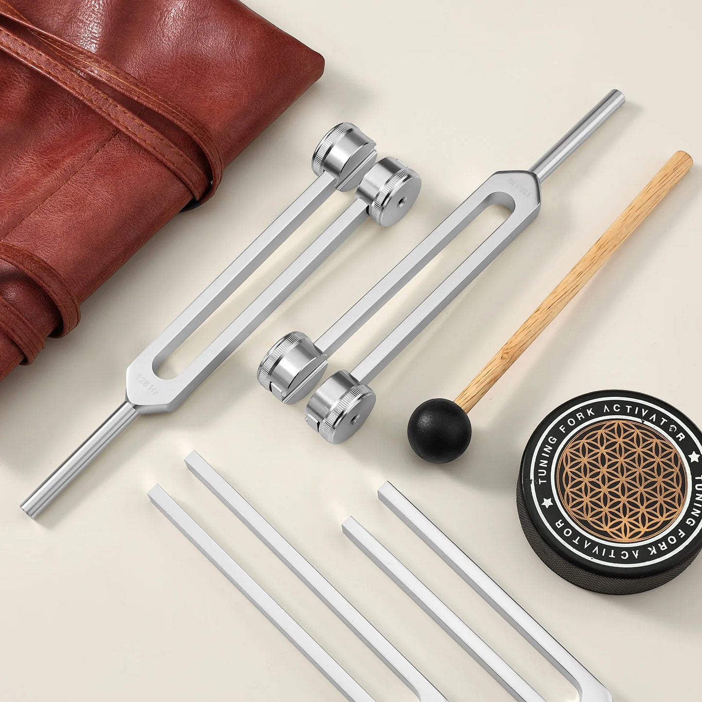 Tuning Forks Set, Includes 128Hz, 136Hz, 256Hz, 384Hz & Activator, Portable in Red Leather Pouch, Grade Sound Instruments for Chakra, Yoga