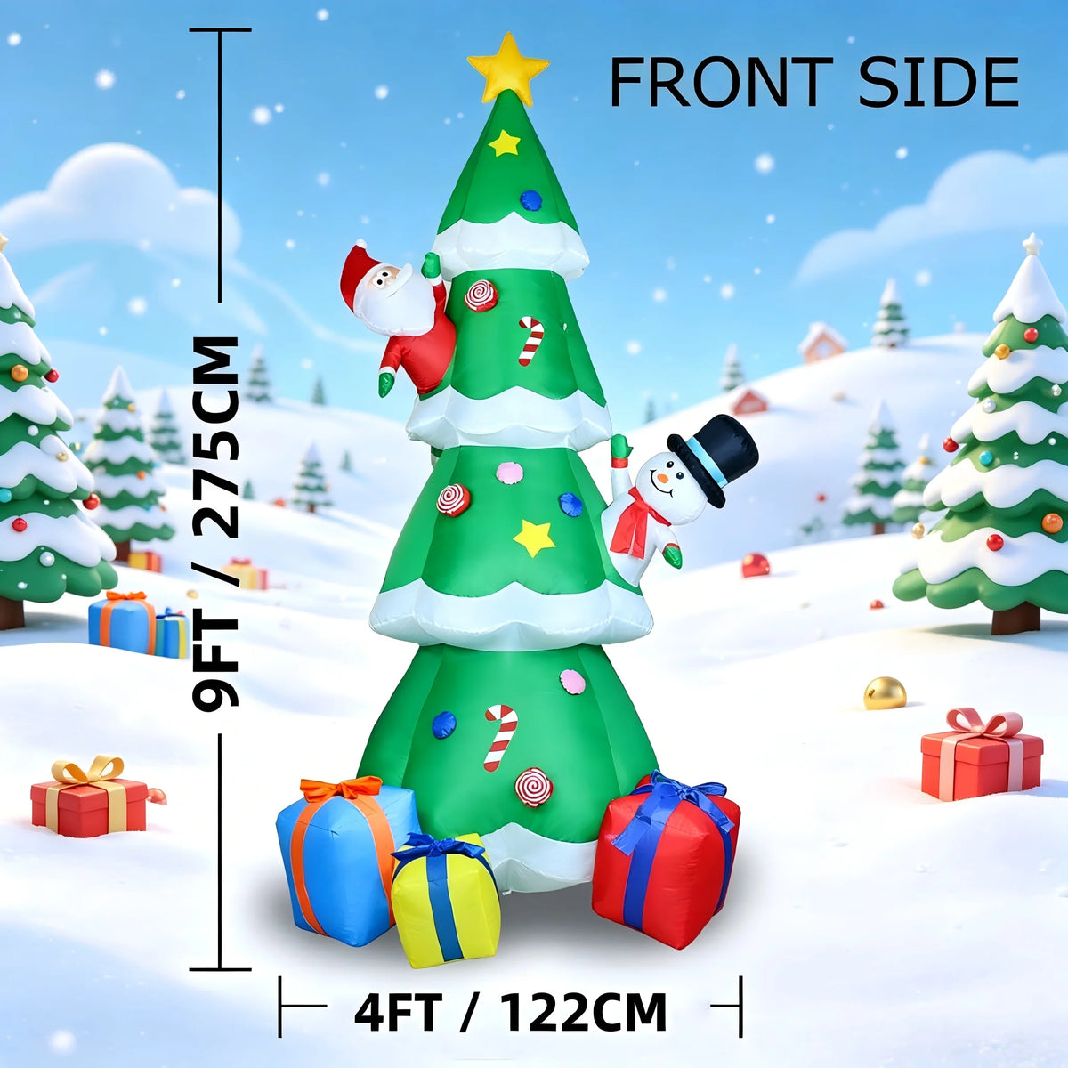 9FT Blow Up Christmas Tree with Santa & Snowman, Built-in LED Lights,