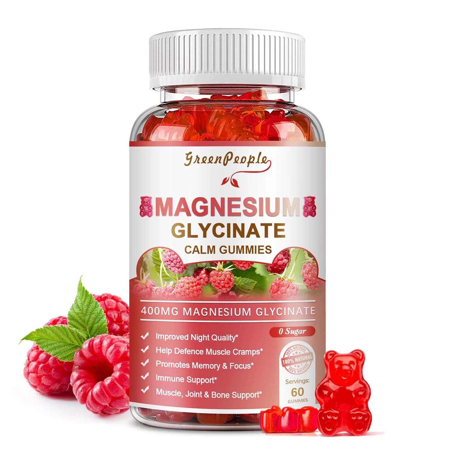400mg Magnesium Glycinate Gummies with Magnesium Malate,Vitamin D,B6 & CoQ10 for Calm Support & Sleep for Adults Raspberry