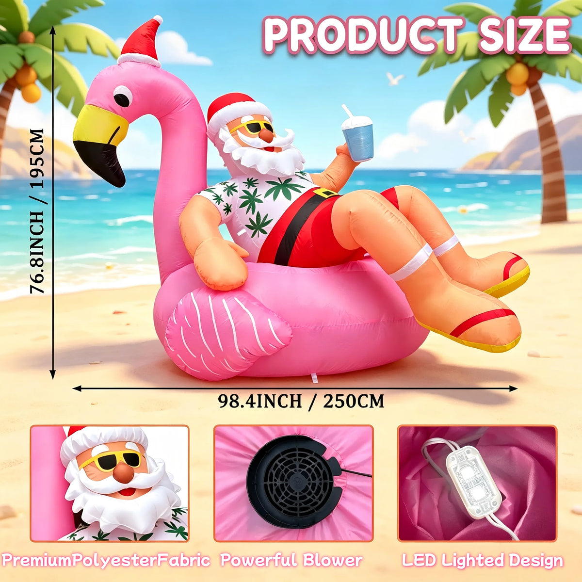 8.2FT Christmas Blow Ups Santa on Flamingo, Hawaiian Christmas with Built-in LED Lights,