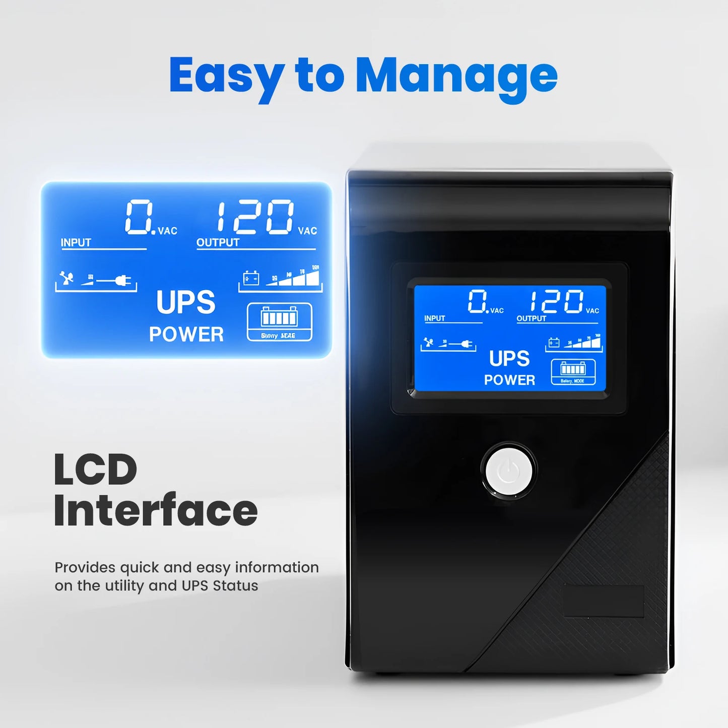 1000VA UPS Power Supply 600W Battery Backup Power with 3 Outlets Intelligent LCD Display Power Outage Protection