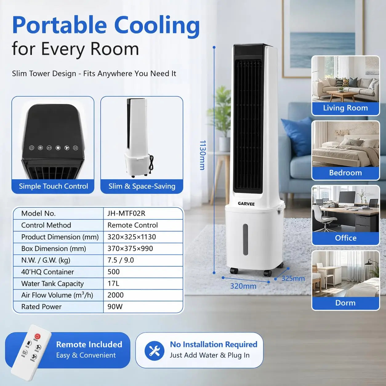 Portable Air Cooler Fan With Mist, Remote Control, 3 Speeds, 1600ml Tank, 2/4/8H Timer, Quiet Cooler For Bedroom Office Desk Use