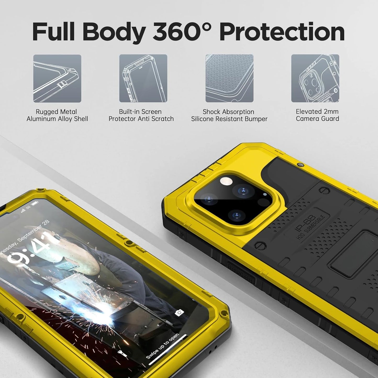 YUKIZOE IP68 Waterproof Rugged Metal Armor Case Screen Protector for iPhone