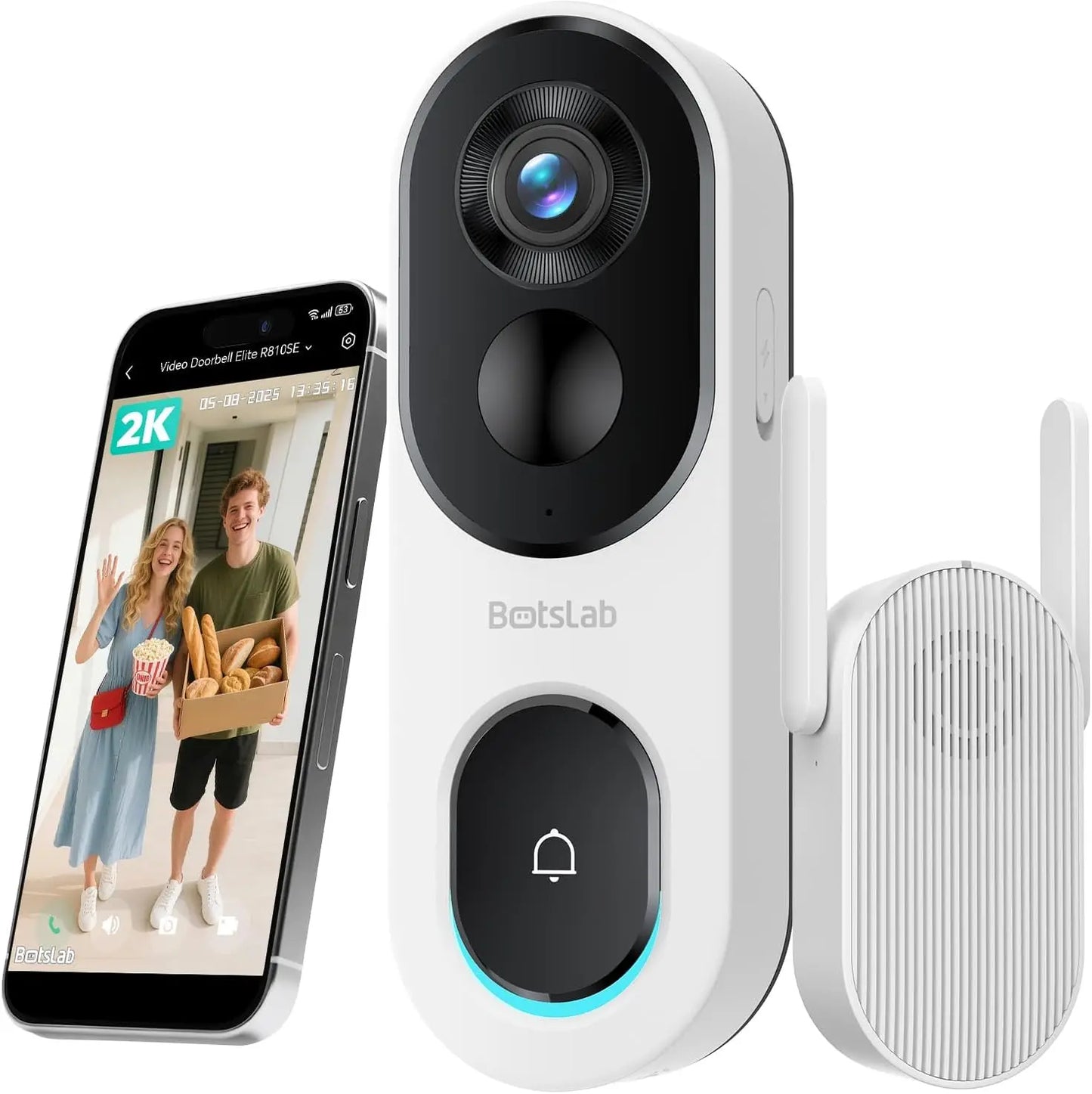 Wireless 2K Video Doorbell with Head-to-Toe View, No Monthly Fee, 2-Way Audio, Human Detection, Long Battery Life