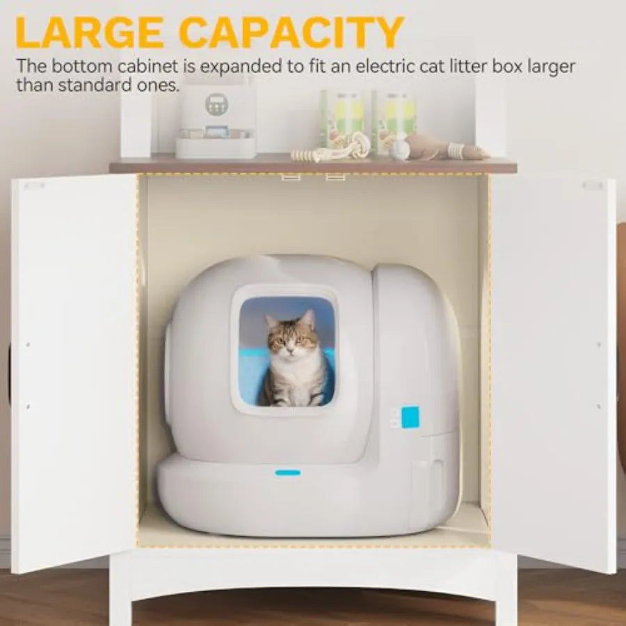 70.8in Large Hidden Cat Litter Box Furniture with Shelves High-Gloss Modern Litter Box Enclosure for Self-Cleaning Litter Boxes