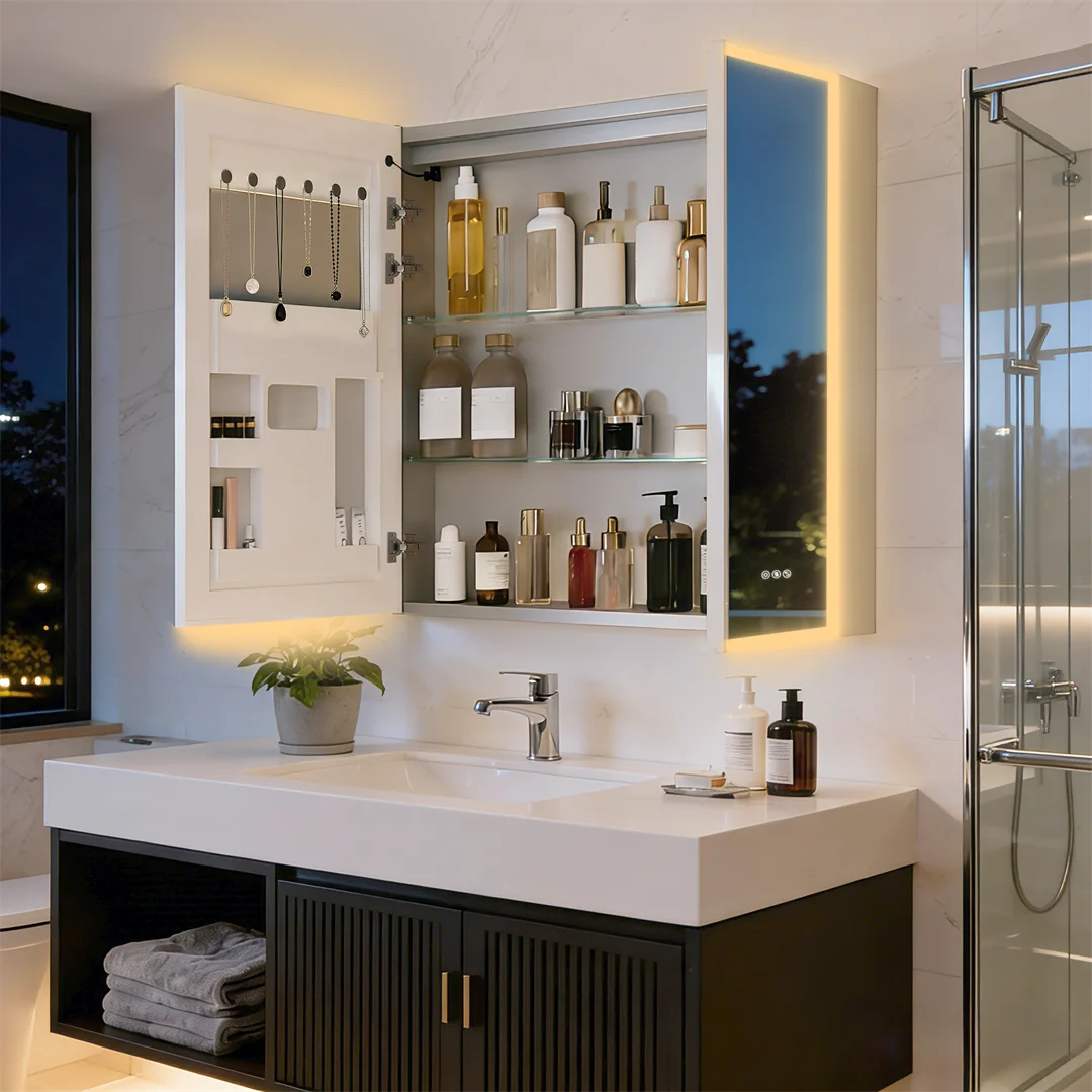 LUVODI Double Door LED Bluetooth Bathroom Mirror Cabinet,Lighted Vanity Cabinet 80x70cm,Adjustable Glass Shelves