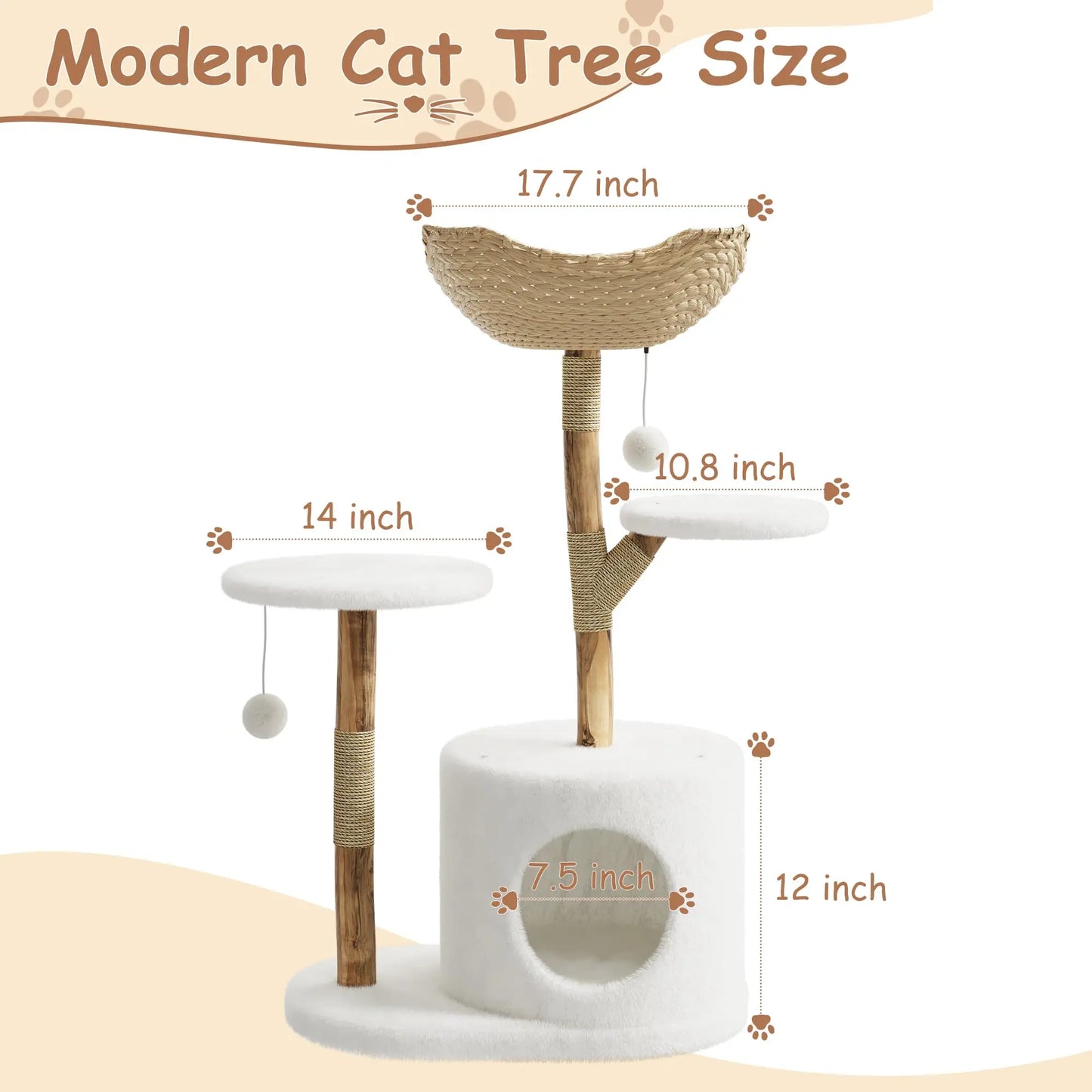 Real Wood Modern Cat Tree Tower With Wicker Condo Scratching Post Bed Boho Luxury Pet Furniture Indoor Cats Space-Saving