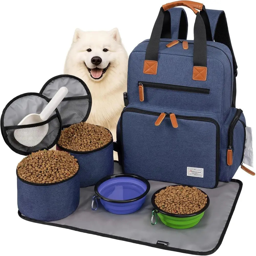 Dog Travel Bag, Airline Approved Backpack, Pet Accessories Organizer, Tote Weekend Bag with 2 Food Storage Containers, 2 Collaps