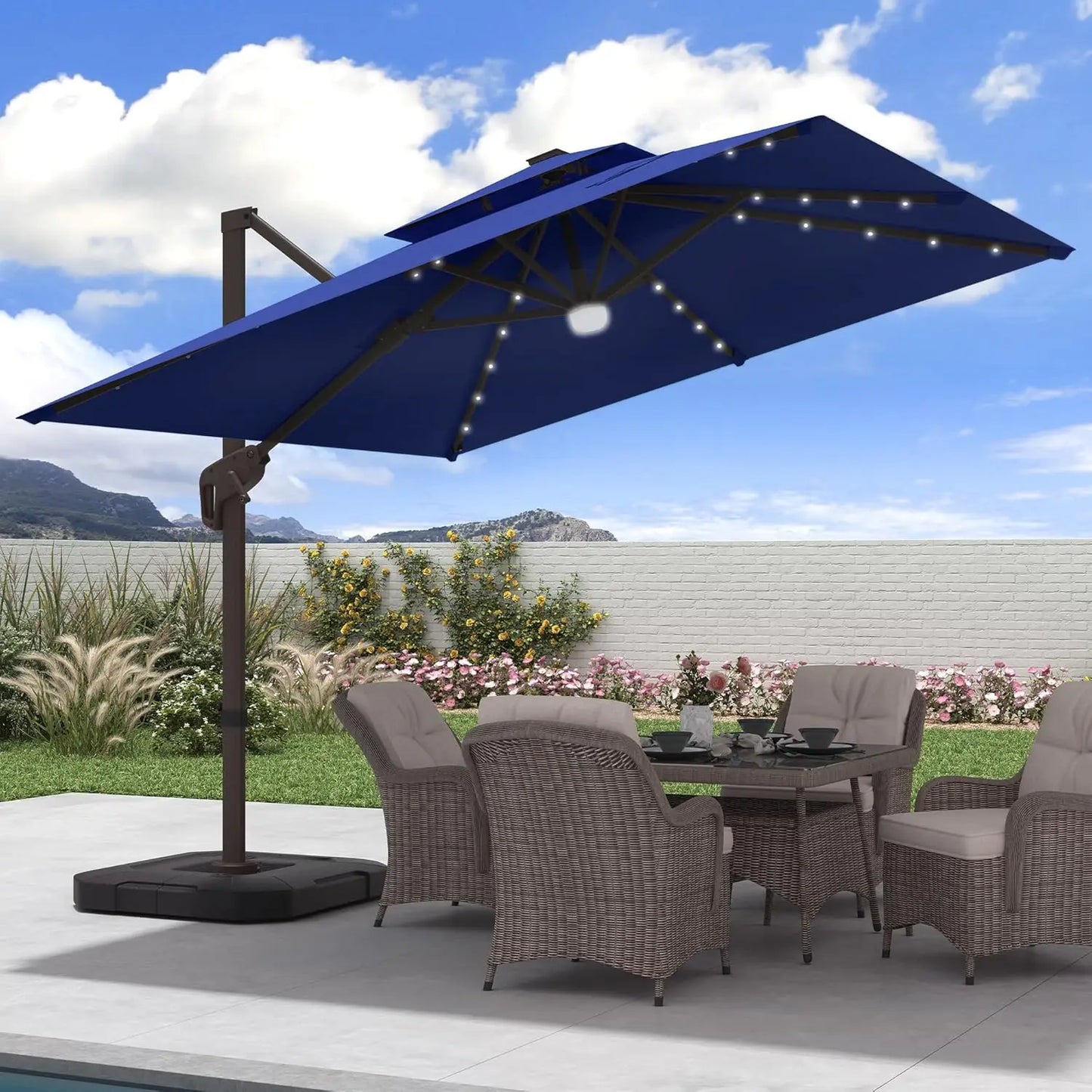 9x9 FT Outdoor Cantilever Patio Umbrella with Base Included and Solar LED Lights, Large Heavy Duty 2-Tier Square, Customized