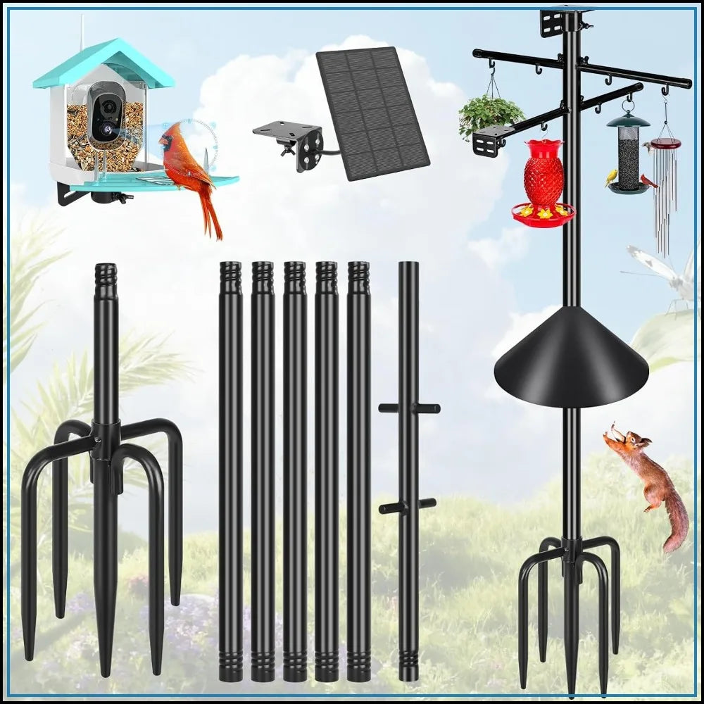 107 Inch Bird Feeder Pole with 2 Platforms and 8 Hooks, Squirrel Proof, Heavy Duty Mounting Pole for Outdoors