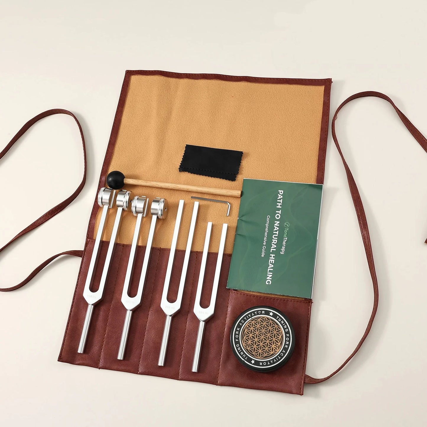 Tuning Forks Set, Includes 128Hz, 136Hz, 256Hz, 384Hz & Activator, Portable in Red Leather Pouch, Grade Sound Instruments for Chakra, Yoga