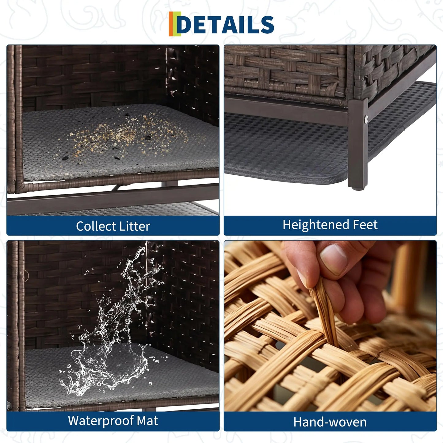 Rattan Double Cat Litter Box Enclosure - Hidden Cabinet for 2 Cats with Removable Mat, Play Game & S-Shaped Hooks - Large Decorative Cat Washroom Furniture for Living Room or Bedroom