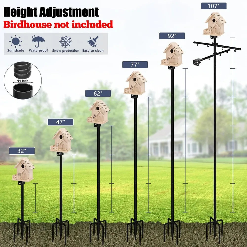107 Inch Bird Feeder Pole with 2 Platforms and 8 Hooks, Squirrel Proof, Heavy Duty Mounting Pole for Outdoors