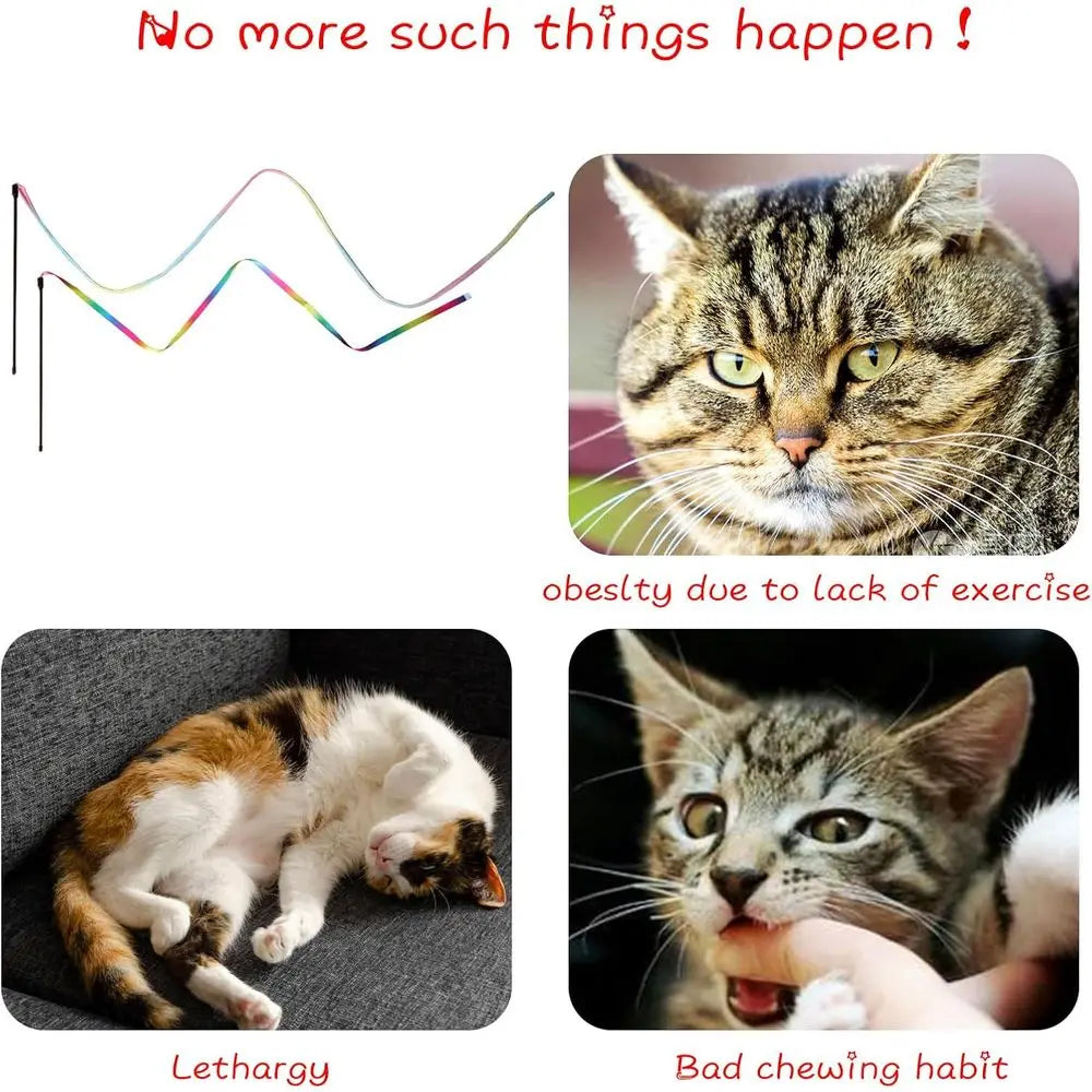 Cat Wand Toys Interactive Kitten Toys Indoor Cats Colorful Teaser Wand String Exercise Kitten Stick Kitty Rope Toy Rainbow Ribbo