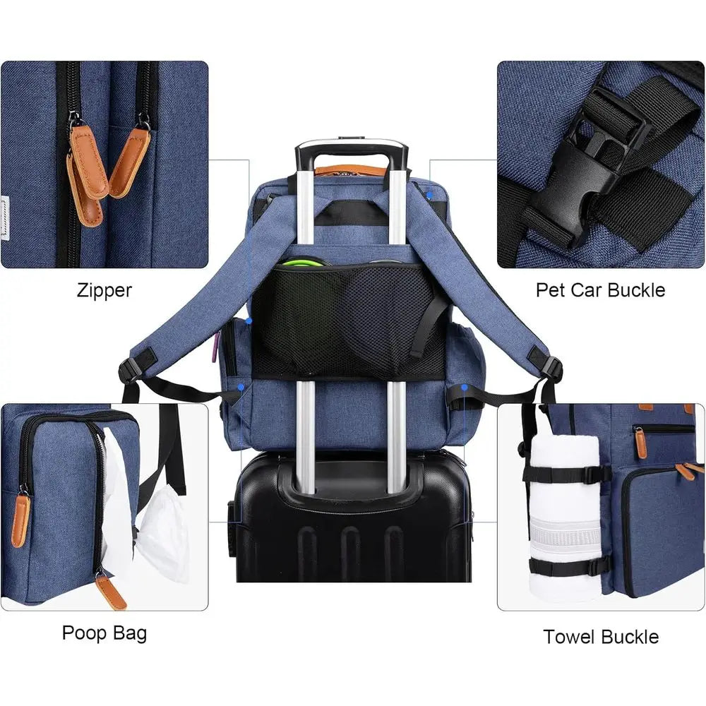 Dog Travel Bag, Airline Approved Backpack, Pet Accessories Organizer, Tote Weekend Bag with 2 Food Storage Containers, 2 Collaps