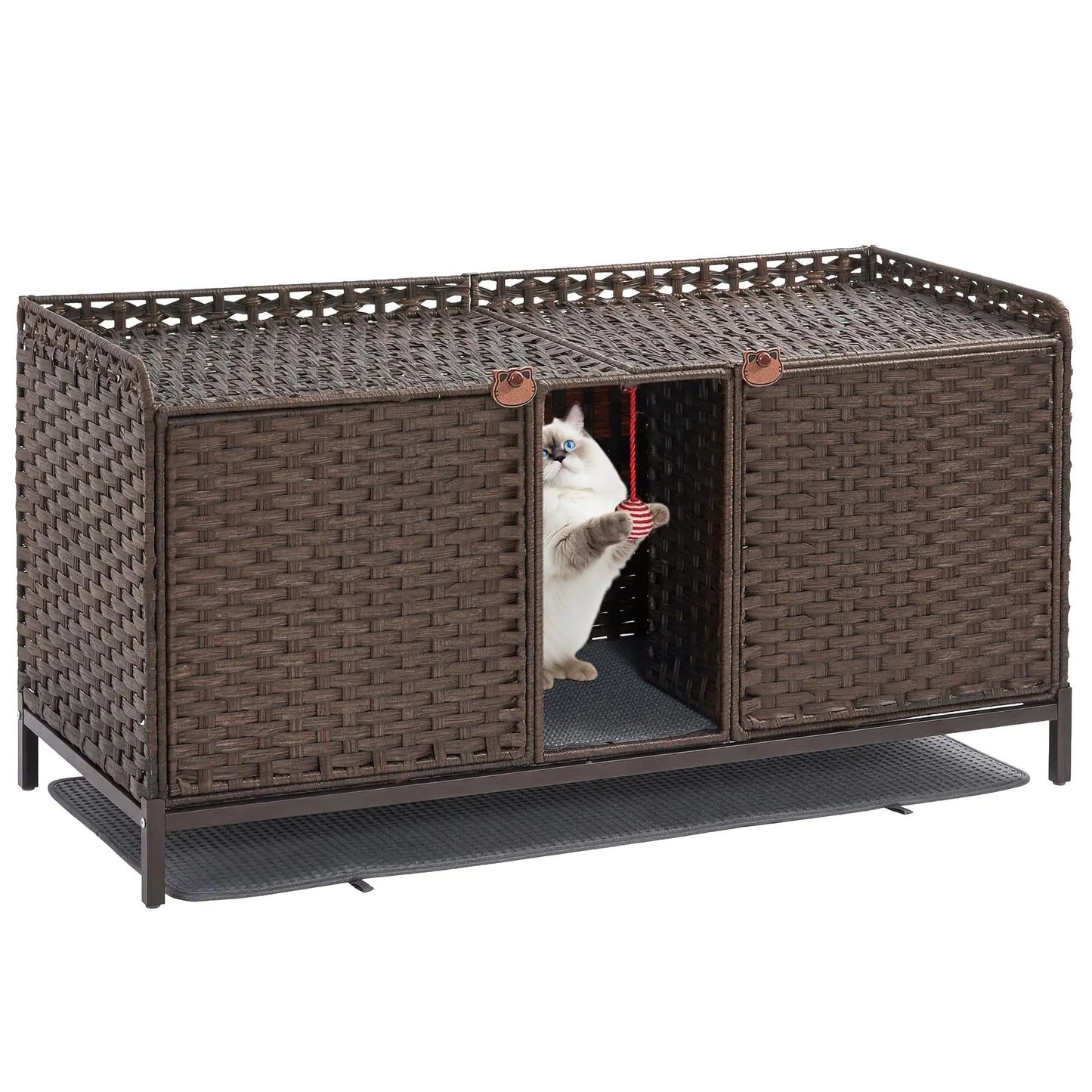 Rattan Double Cat Litter Box Enclosure - Hidden Cabinet for 2 Cats with Removable Mat, Play Game & S-Shaped Hooks - Large Decorative Cat Washroom Furniture for Living Room or Bedroom