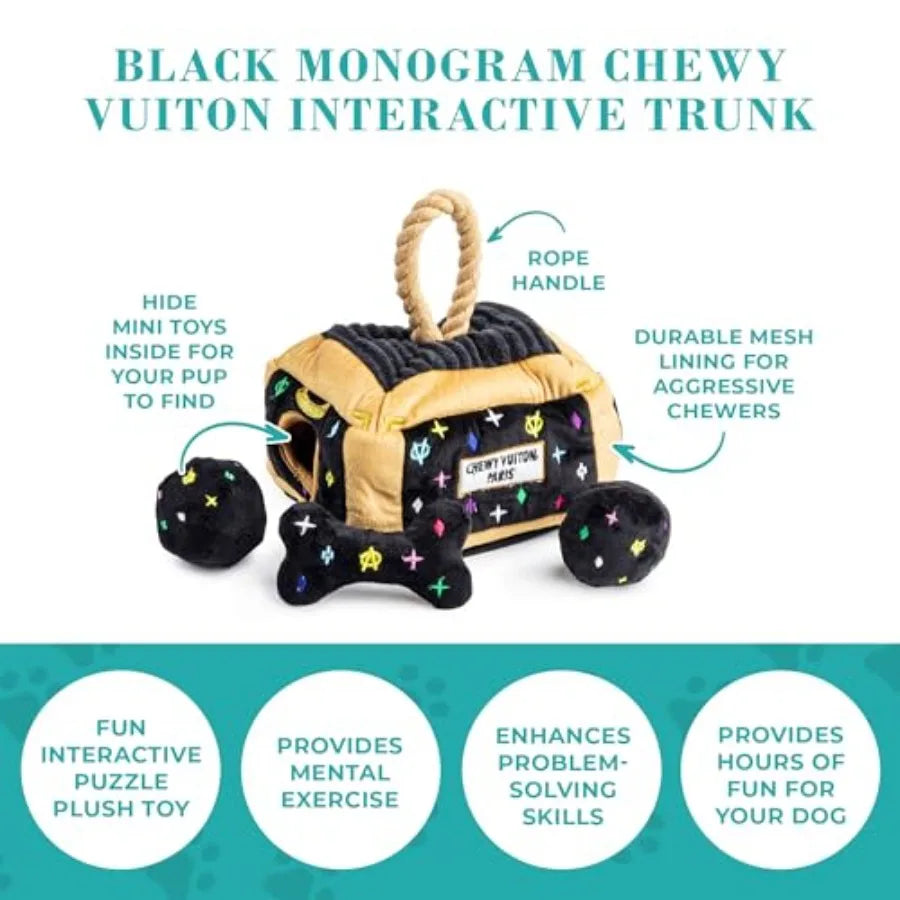 Black Monogram Chewy Vuiton Interactive Trunk Plush Designer Dog Toys with Interactive Squeaker Stimulating Pet Enrichment Mach