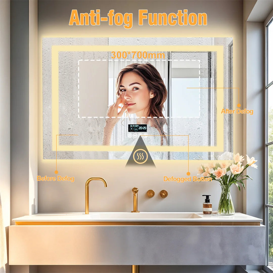Rectangle Bluetooth Lighted Bathroom Mirror, Illuminated Smart Vanity Mirror with NdFeB Speaker and Time Temperature Display